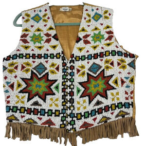Other Destination Vest Womens Medium Aztec Tribal Print Beaded Suede Fringe Silk